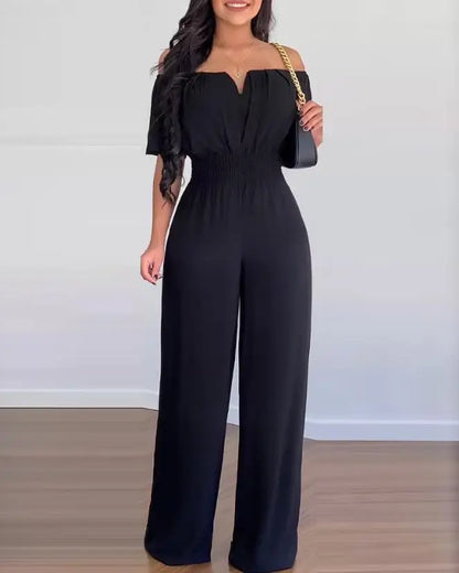 Off Shoulder Shirred Waist Jumpsuit