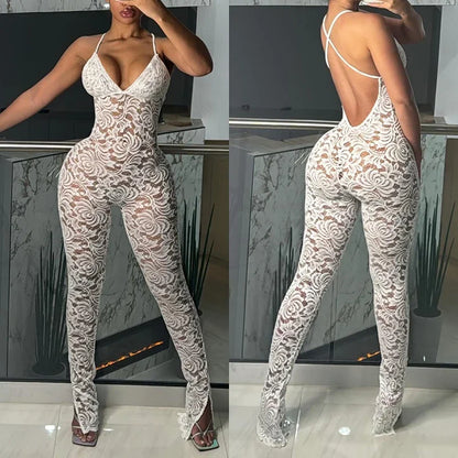 Cross Back Sheer V-Neck Jumpsuit