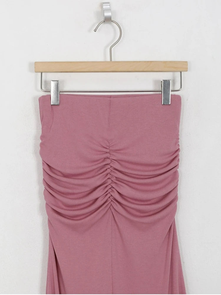 Pink Shirred Satin Midi Skirt