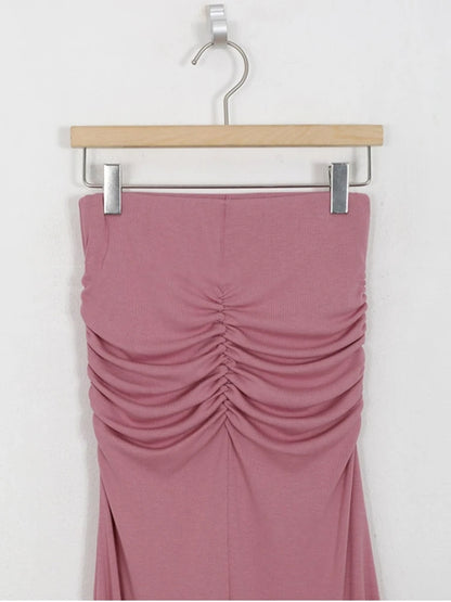 Pink Shirred Satin Midi Skirt