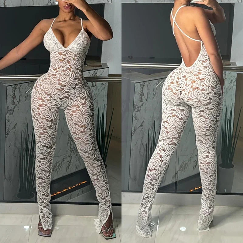 Cross Back Sheer V-Neck Jumpsuit