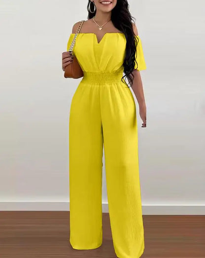 Off Shoulder Shirred Waist Jumpsuit
