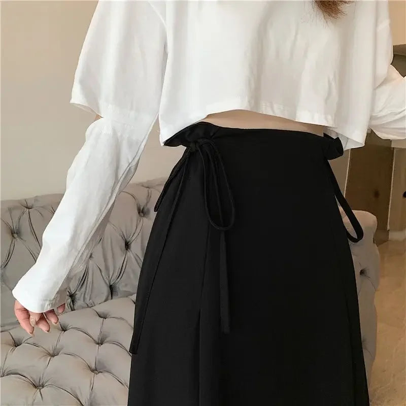Korean Pleated Lace-Up Midi Skirt