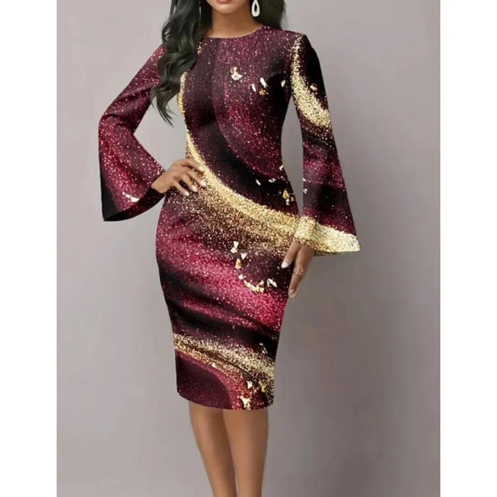 Metallic Swirl Flared Sleeve Dress