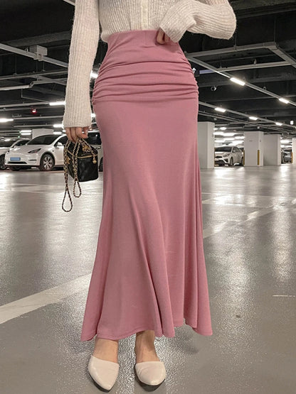 Pink Shirred Satin Midi Skirt