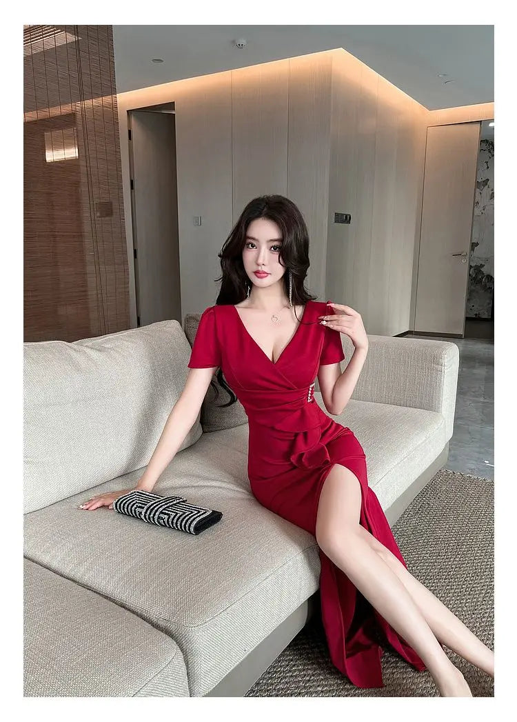 Asymmetric V-Neck Ankle Dress