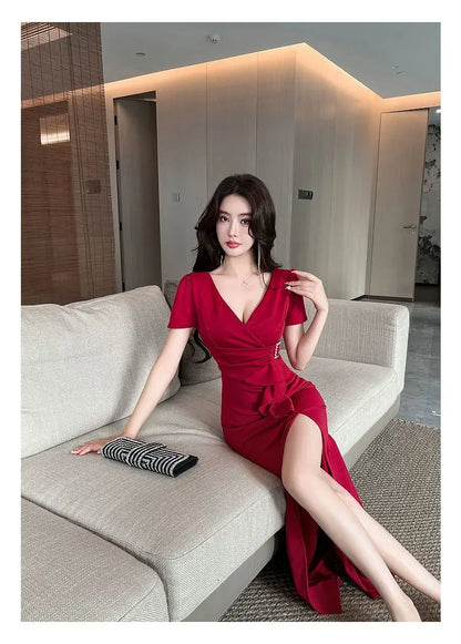 Asymmetric V-Neck Ankle Dress