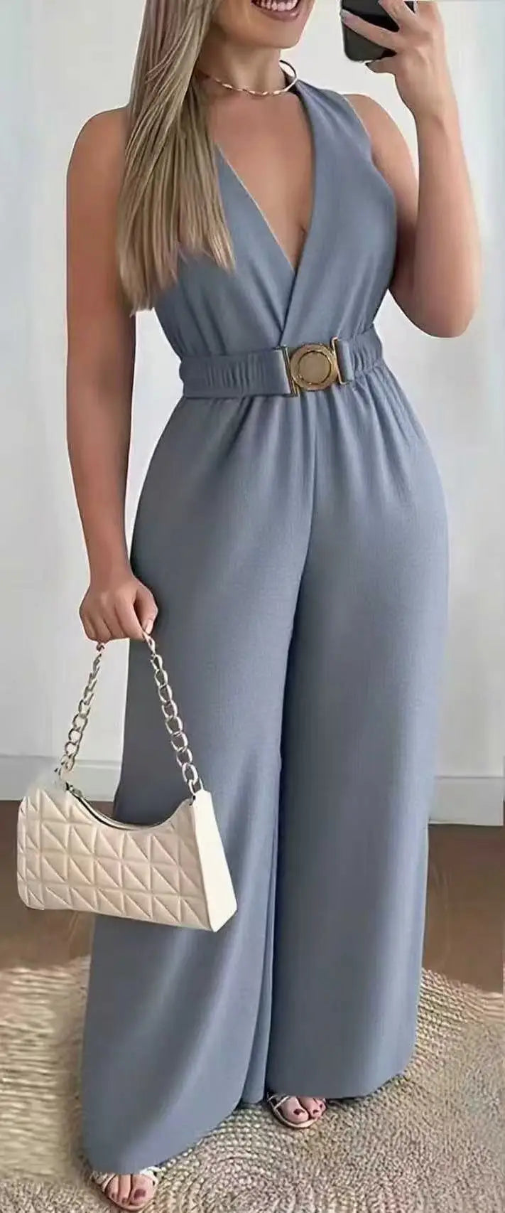 Deep V Sleeveless Wide Leg Jumpsuit