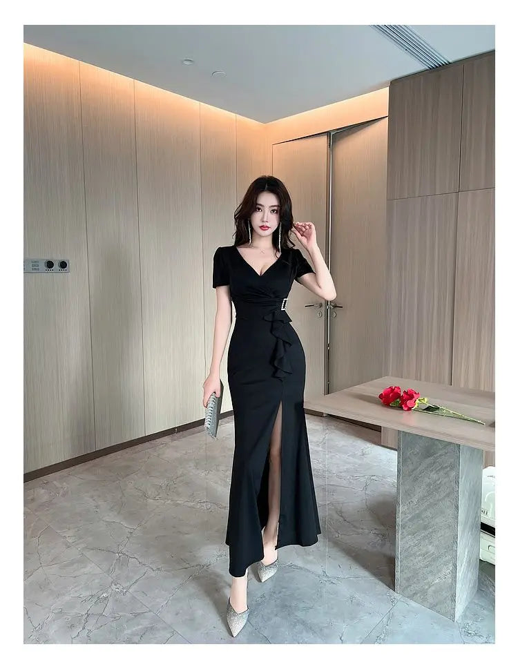 Asymmetric V-Neck Ankle Dress