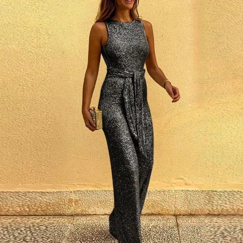 Sequin Backless Lace-Up Jumpsuit