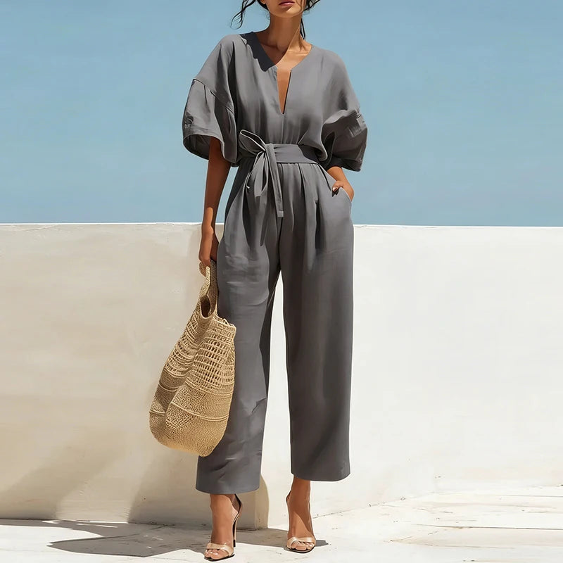 Lace-Up High Waist Half Sleeve Jumpsuit
