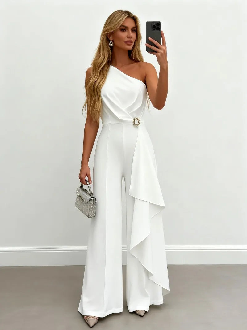 White One Shoulder Ruffle Jumpsuit