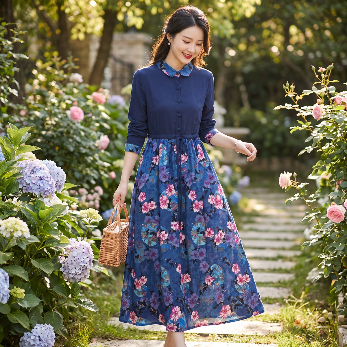 Casual Printed Dress Single-breasted Turn-down Collar Drawstring Long Dress