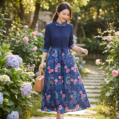 Casual Printed Dress Single-breasted Turn-down Collar Drawstring Long Dress