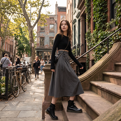 Korean Solid Mid-length Pleated Lace-up Long Skirt
