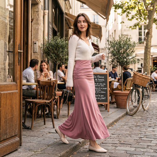 Shirring Satin High Waisted A-Line Midi Skirt