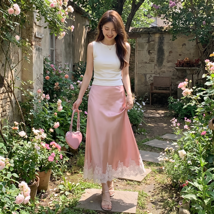 High Waist Lace Satin A-line Long Skirt