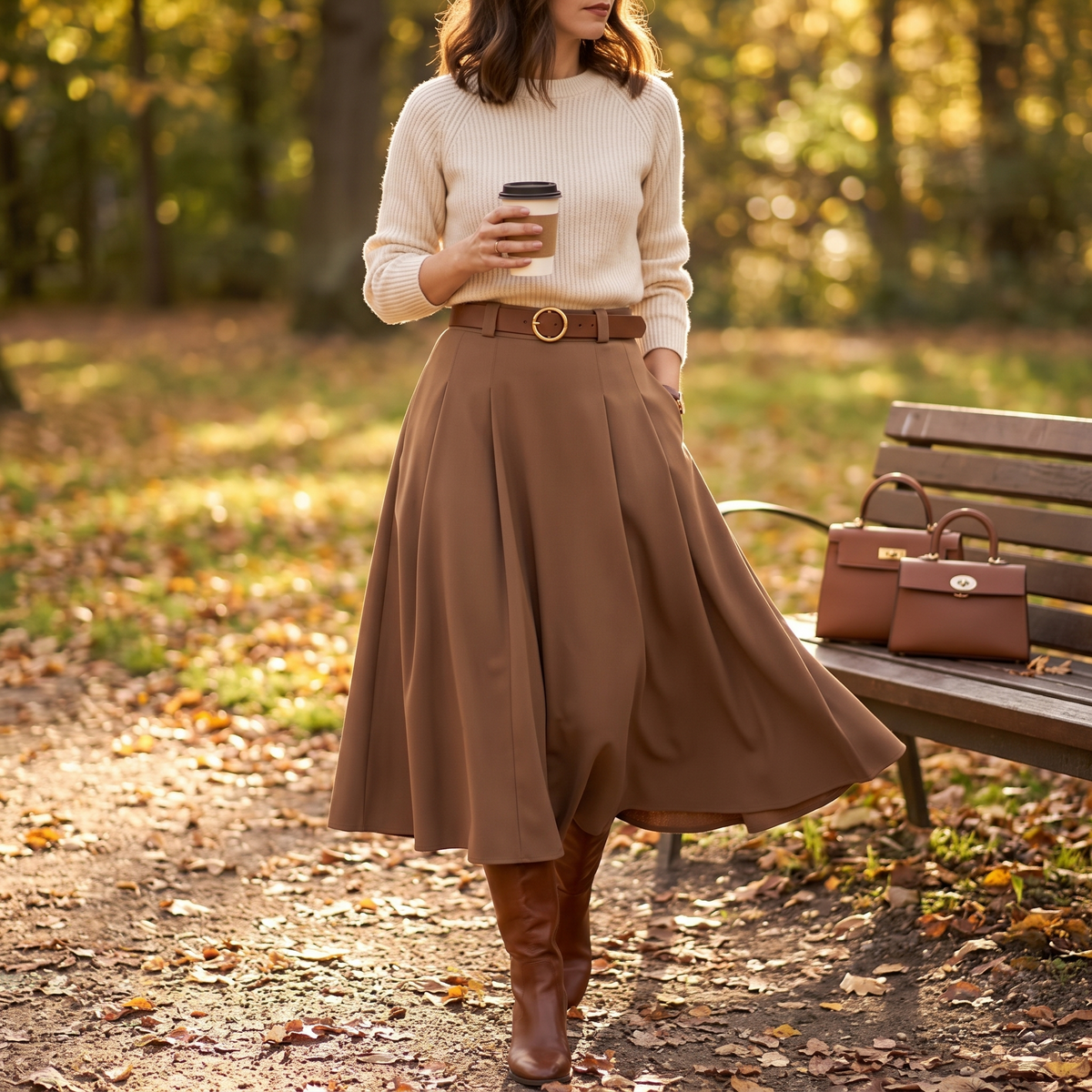 Patchwork Pleated A-Line Mid-length Office Skirt