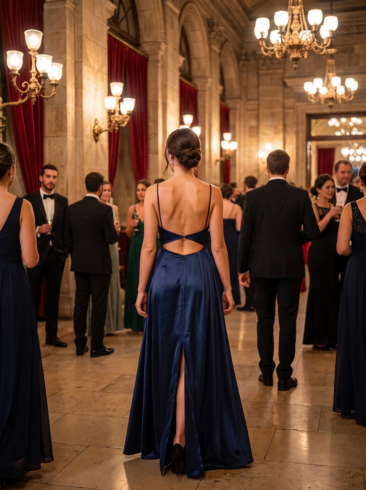Backless Slash Neck Evening Dress at an opera house