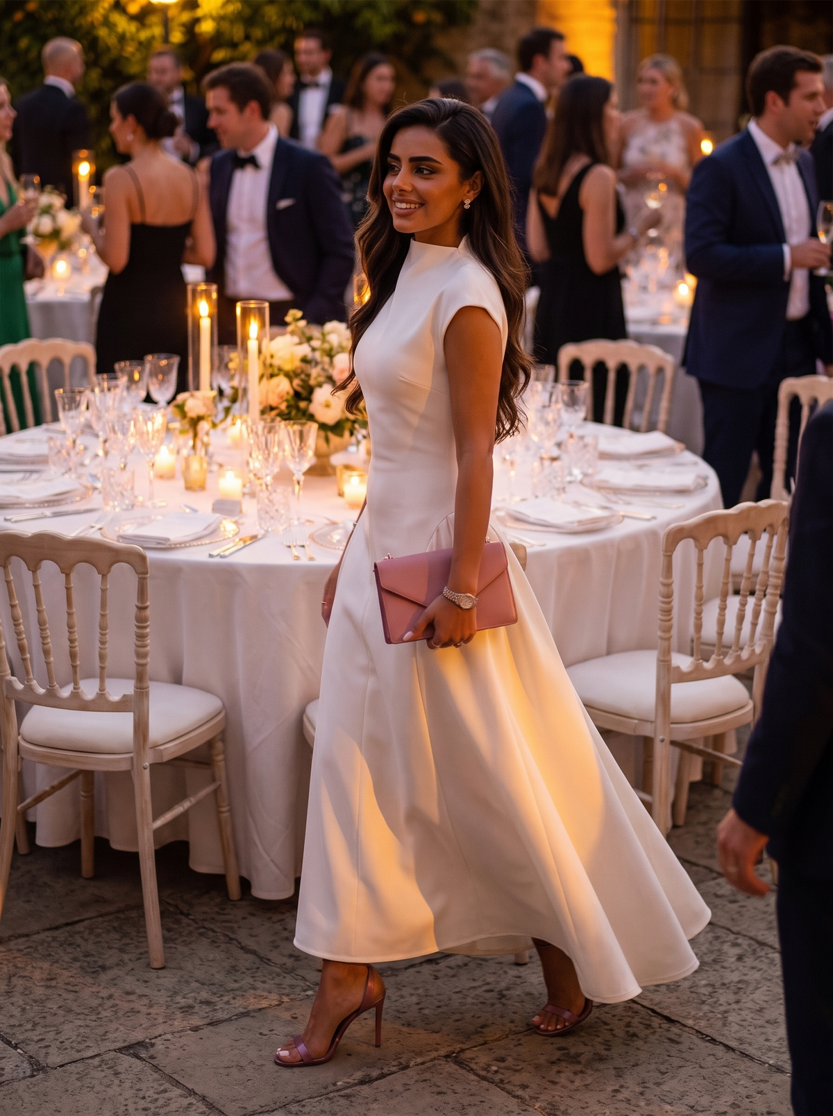 Sleeveless A-Line Evening Dress at a banquet dinner