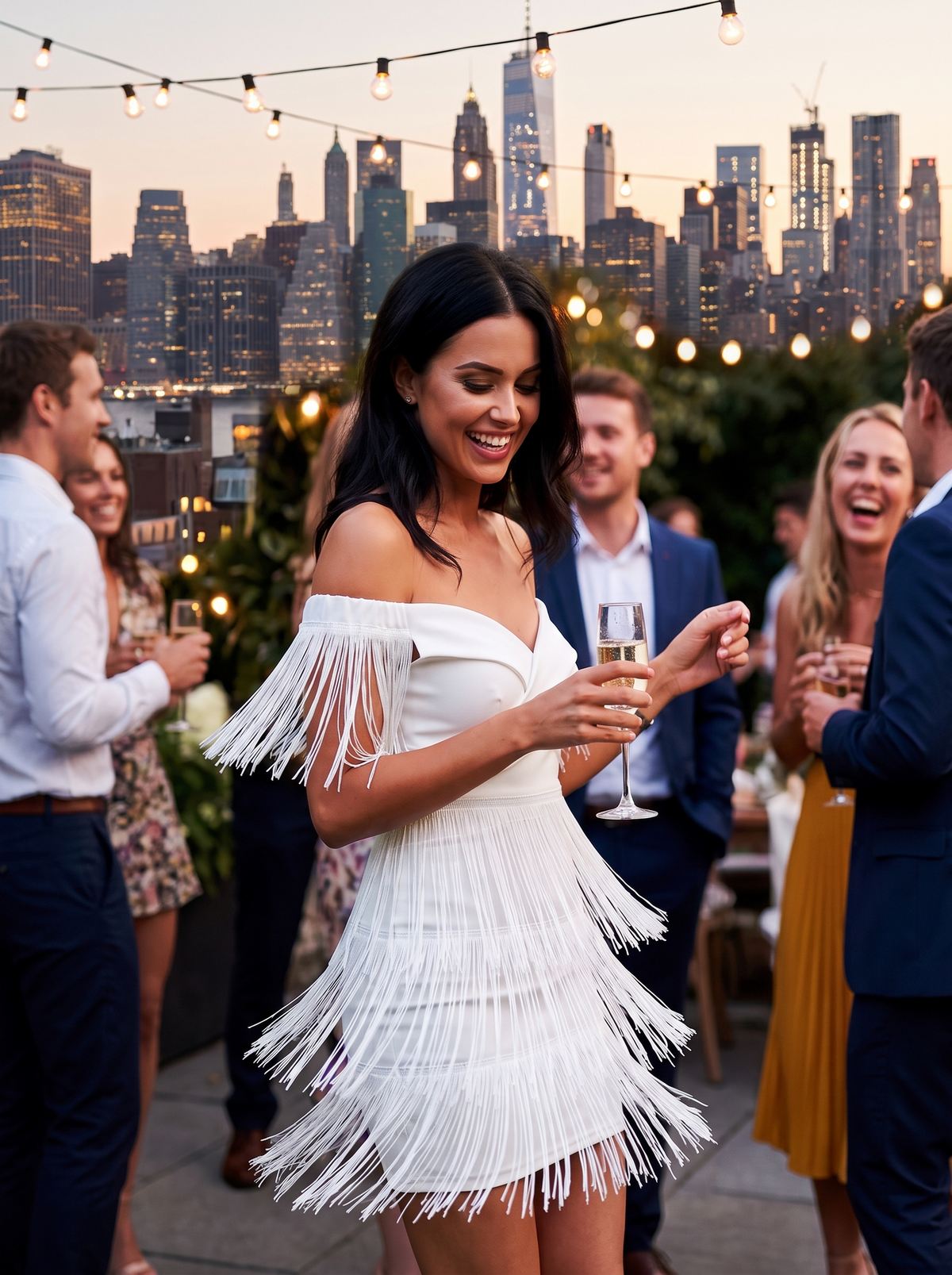One Shoulder Fringed Party Dress at a rooftop party