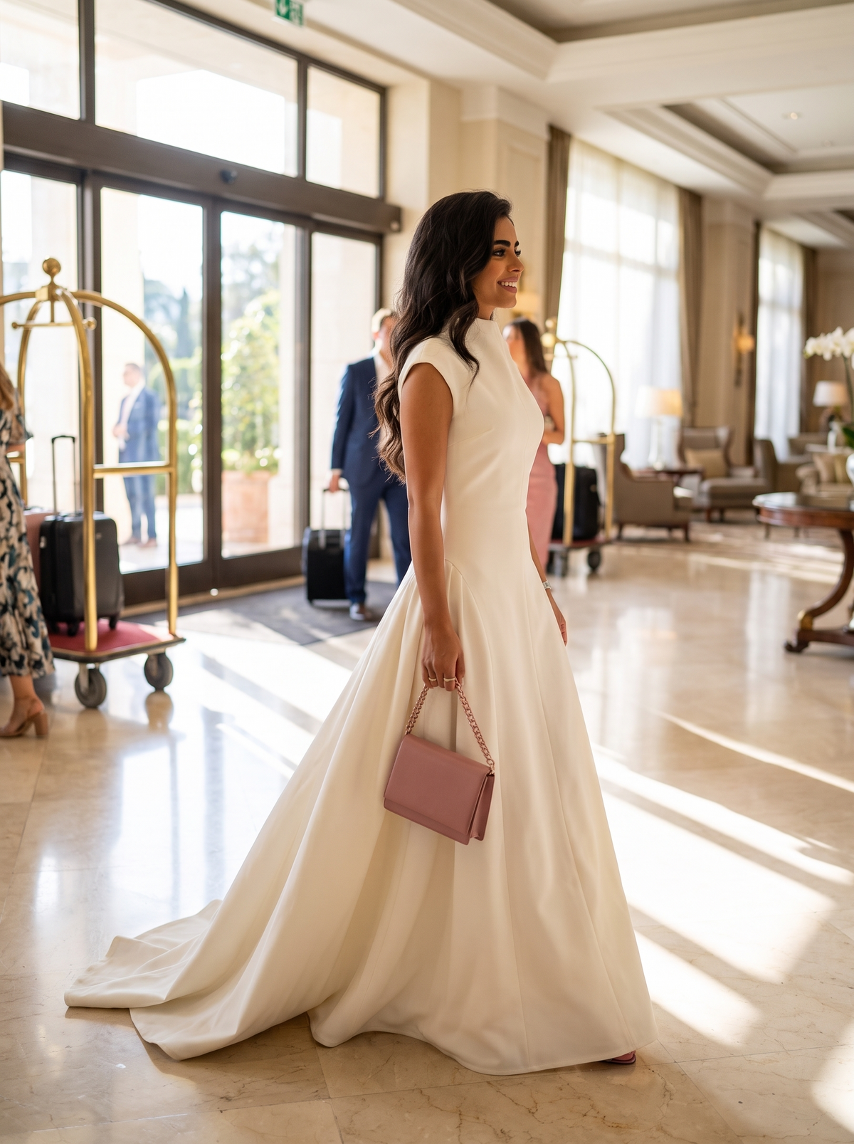 Sleeveless A-Line Evening Dress in a hotel lobby