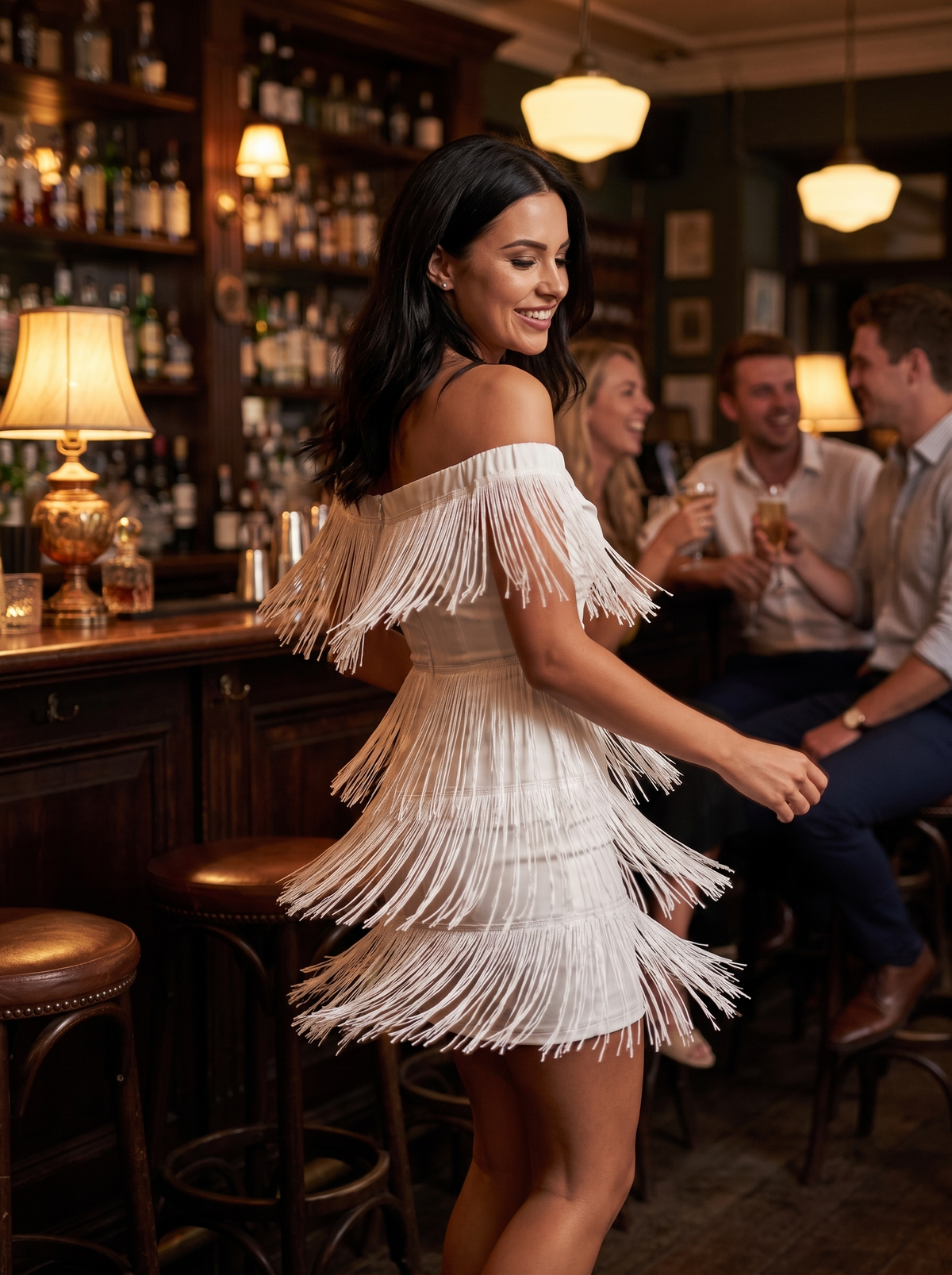 One Shoulder Fringed Party Dress in a cocktail bar