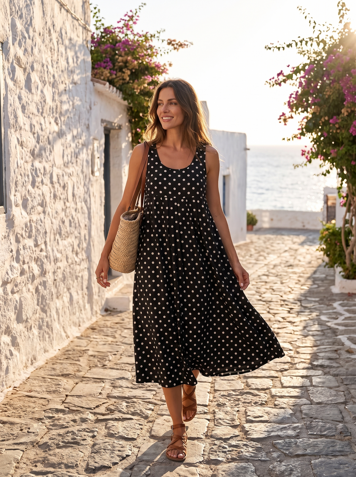Polka Dot Crochet Summer Dress on a coastal street