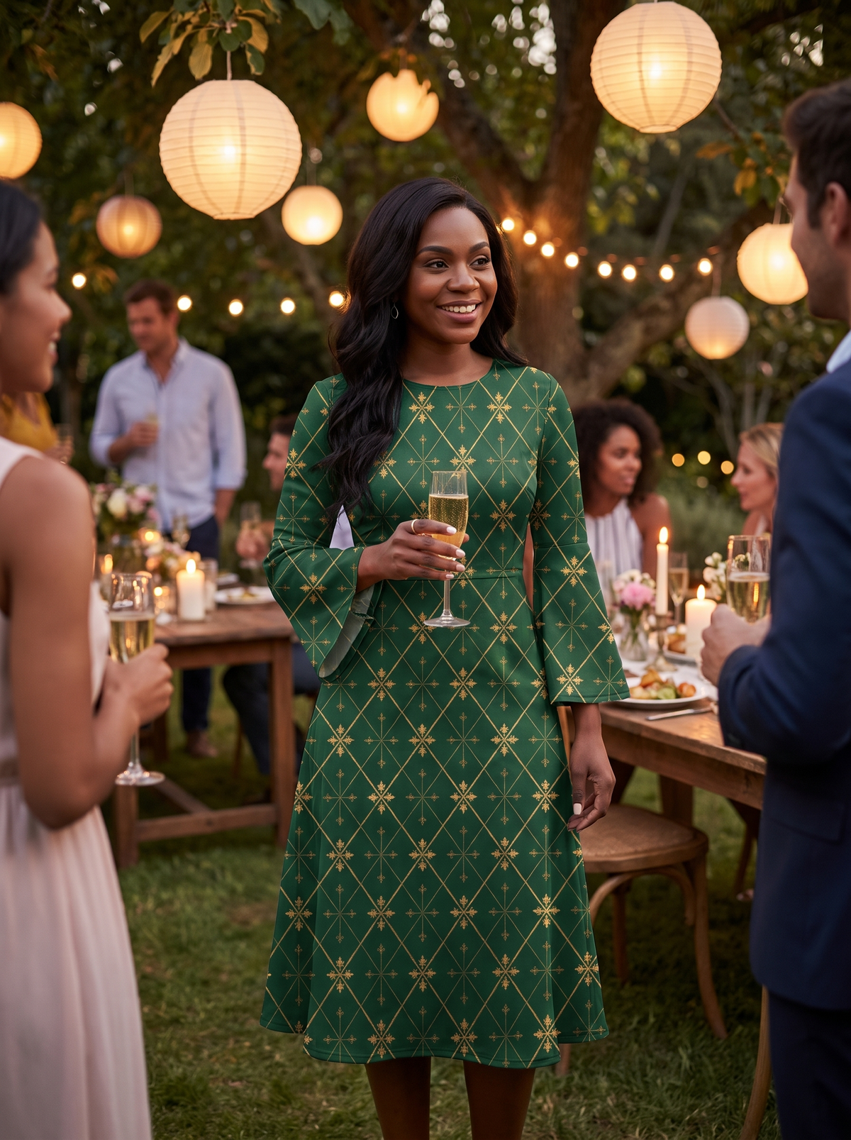 Metallic Swirl Flared Sleeve Dress at an evening garden party