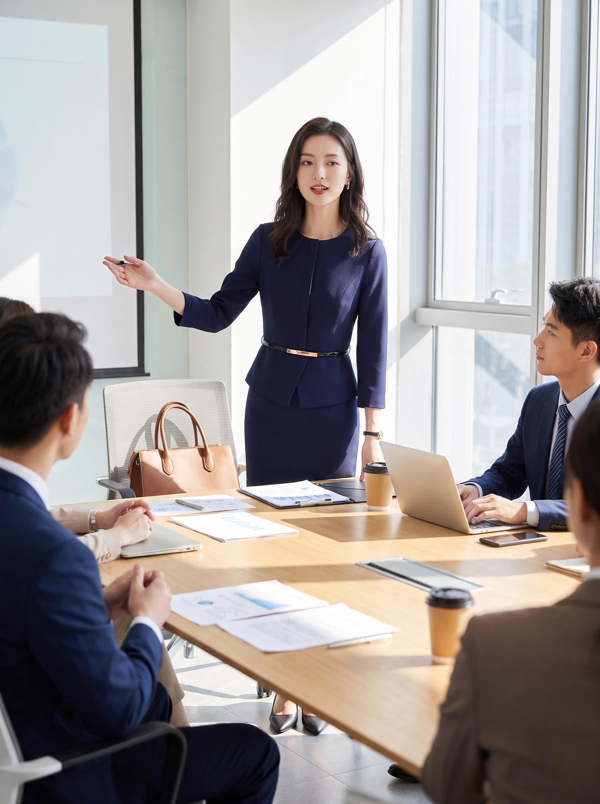 Belted Office Dress in a meeting room
