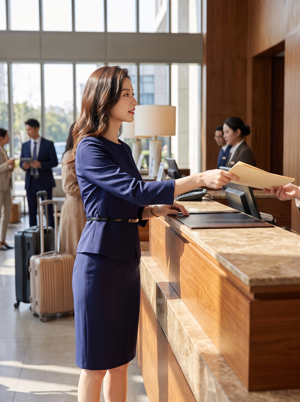 Belted Office Dress at a hotel reception desk
