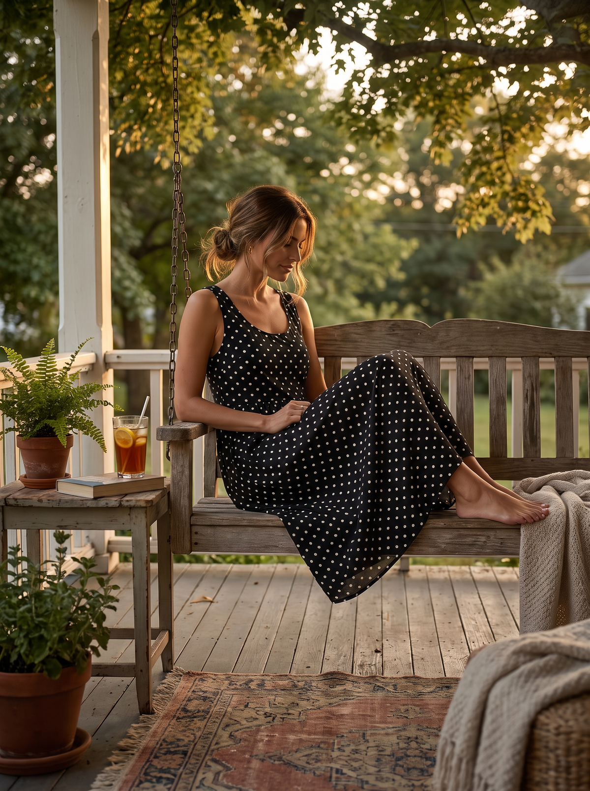 Polka Dot Crochet Summer Dress on a shaded porch