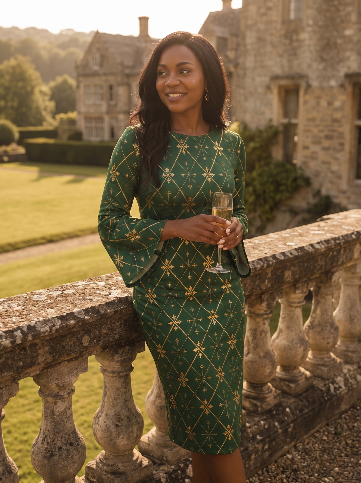 Metallic Swirl Flared Sleeve Dress on a sunlit terrace