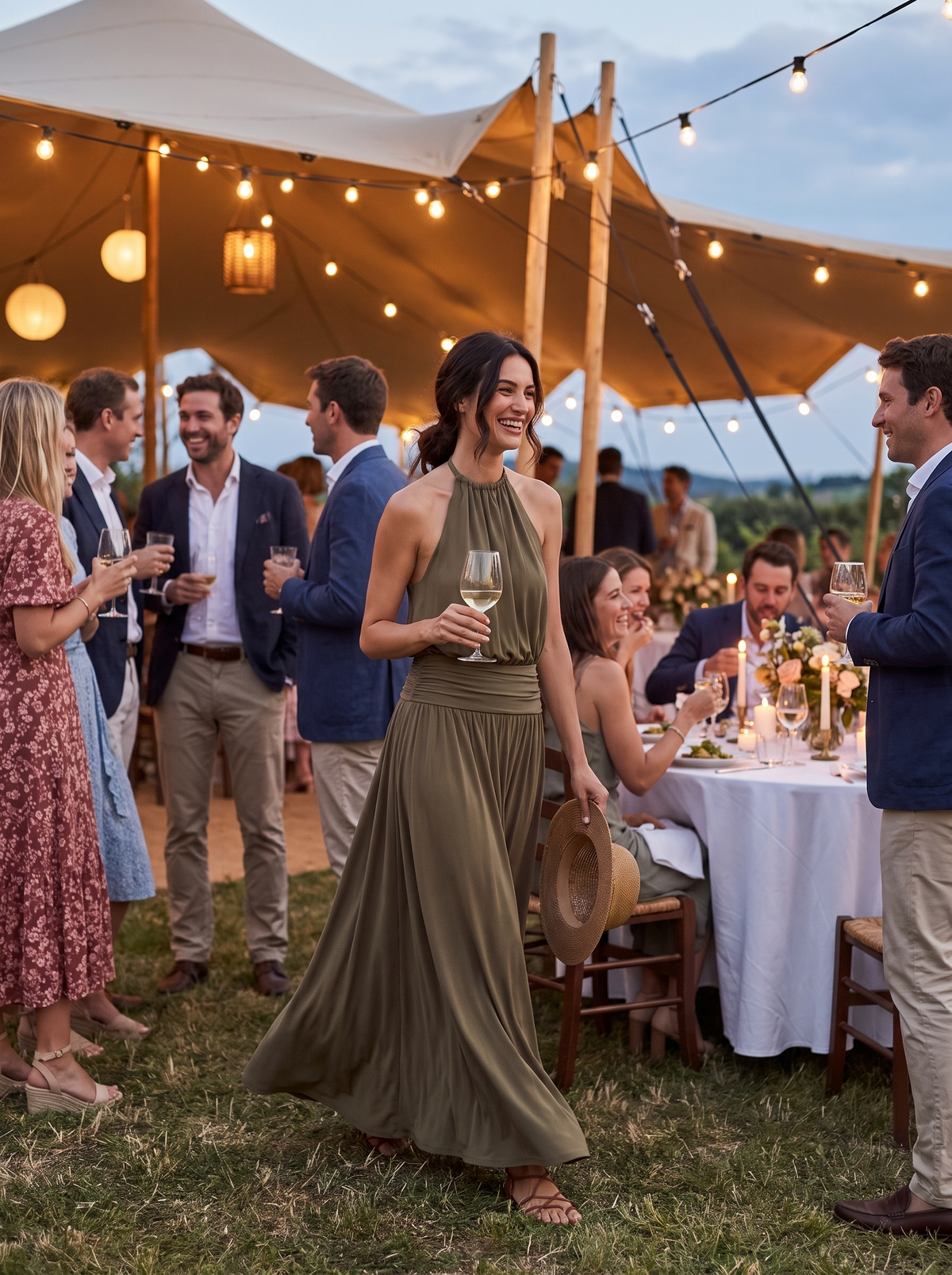Pleated Halter Neck Banquet Dress at an evening reception