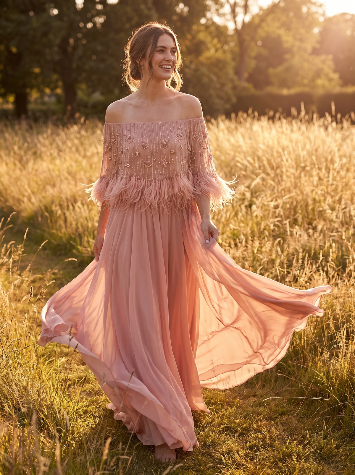 Feather Off Shoulder Prom Gown in a garden at golden hour
