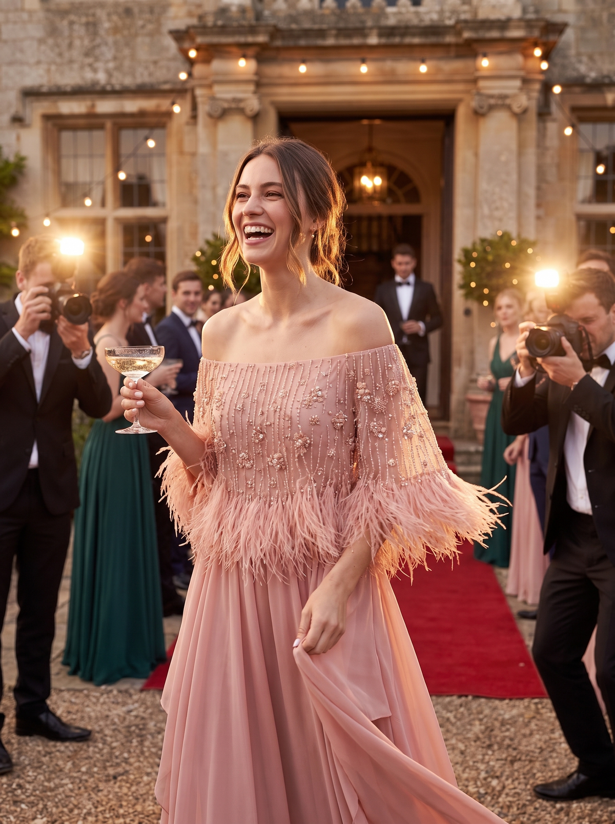 Feather Off Shoulder Prom Gown at a prom entrance