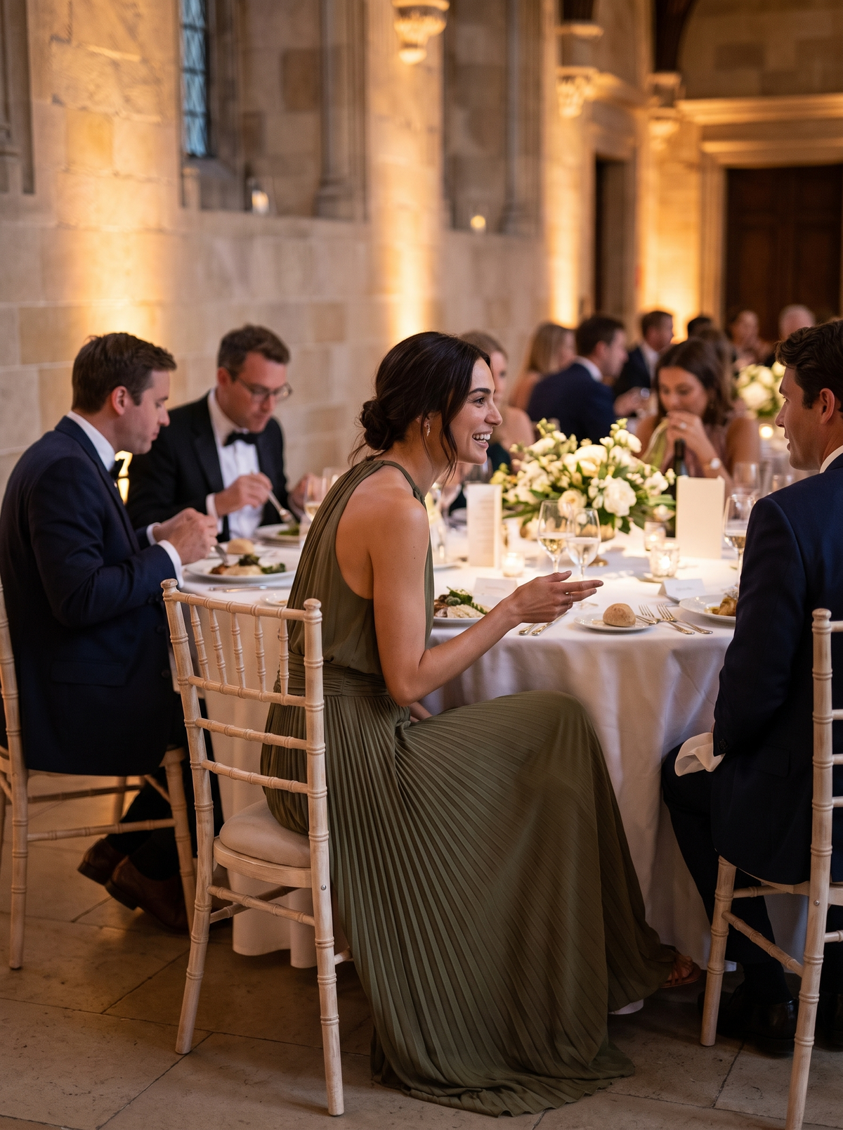 Pleated Halter Neck Banquet Dress at a banquet table
