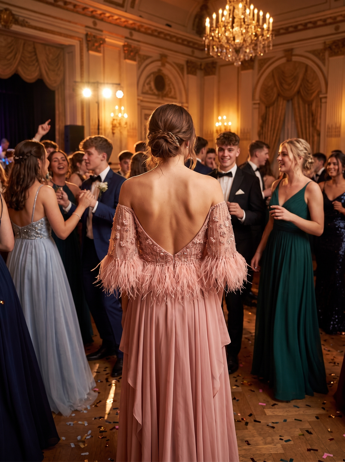Feather Off Shoulder Prom Gown in a ballroom