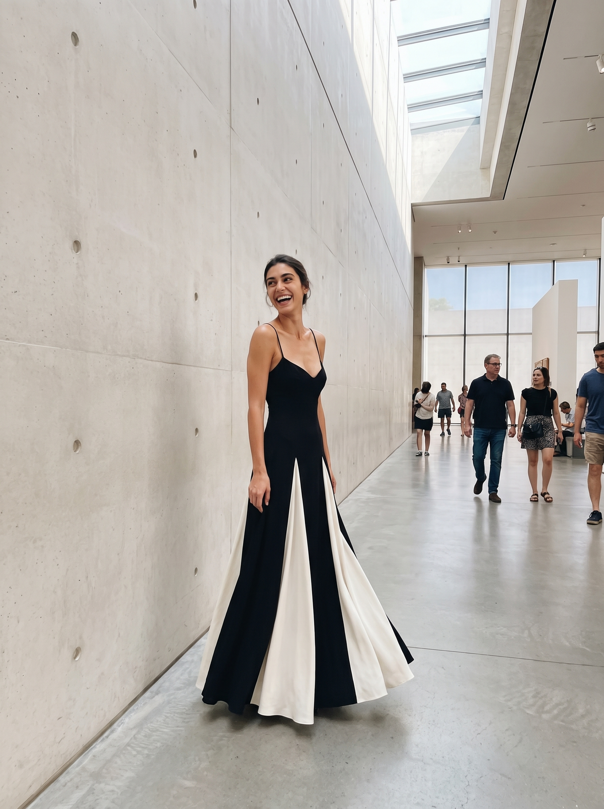 Contrast Patchwork Maxi Slip Dress in a museum atrium