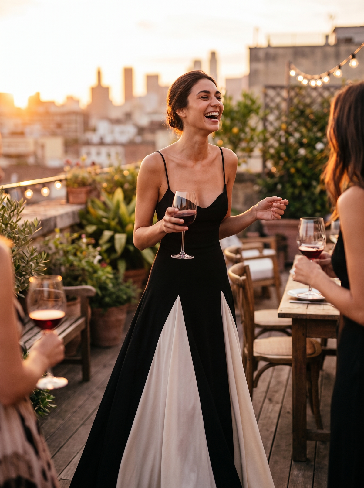 Contrast Patchwork Maxi Slip Dress on a rooftop at sunset