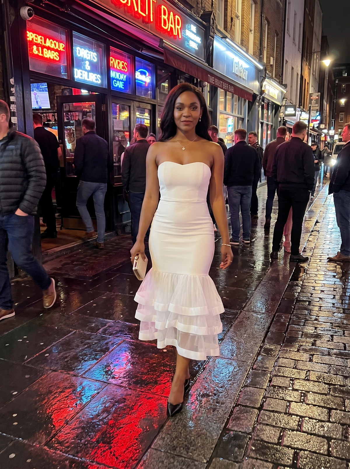 Layered Off Shoulder Party Dress on a neon lit street