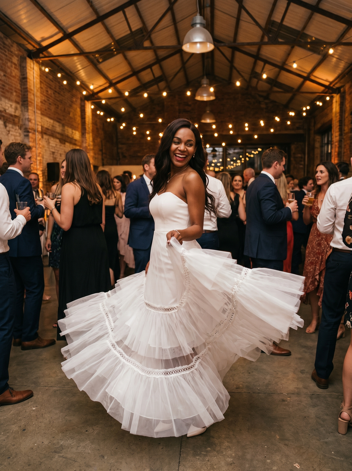 Layered Off Shoulder Party Dress at a warehouse party