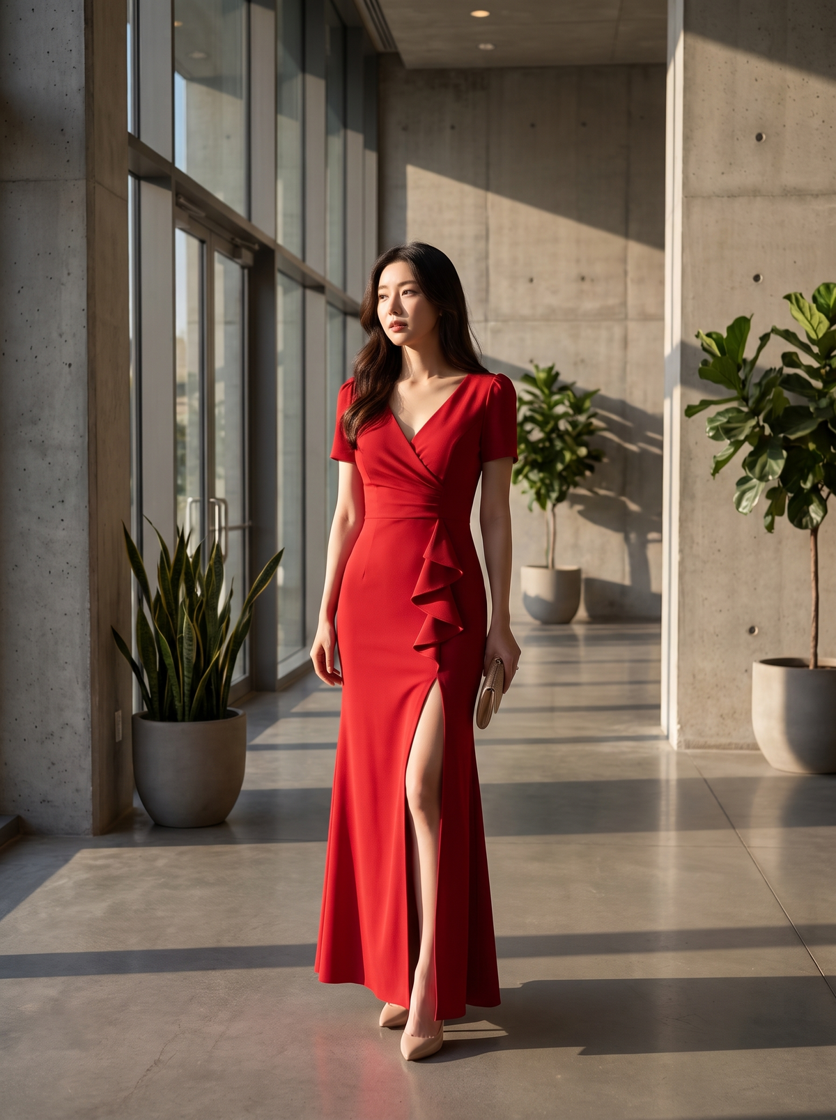Asymmetric V Neck Ankle Dress in a glass lobby