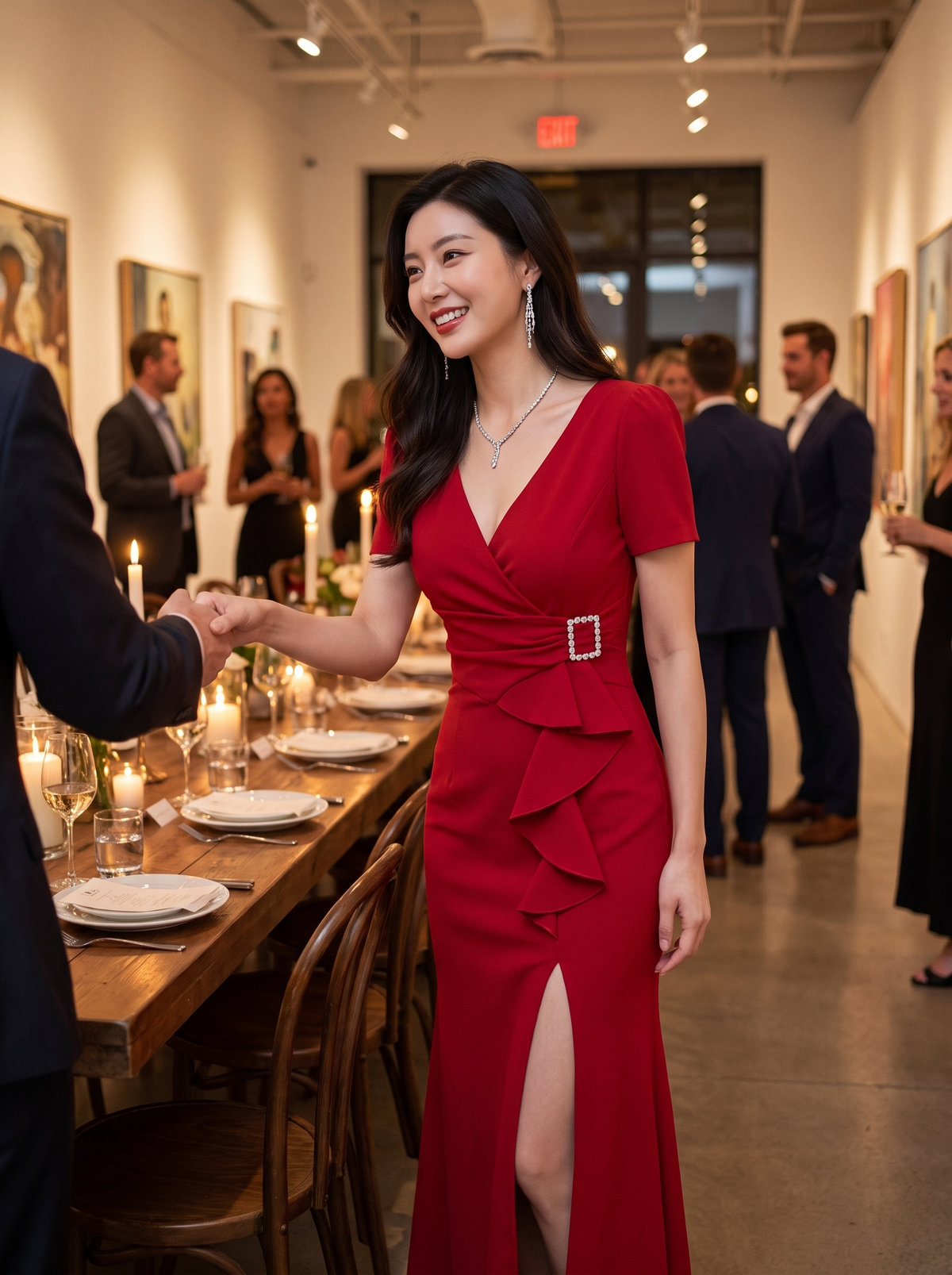 Asymmetric V Neck Ankle Dress at a gallery dinner