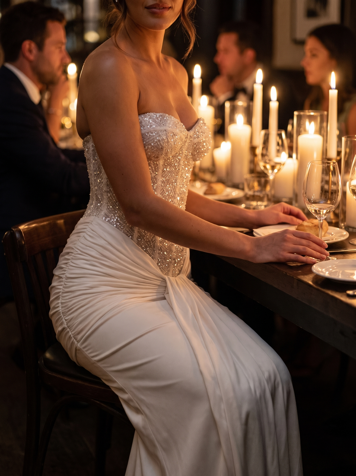 Backless Sequin Ribbon Maxi Dress at a candlelit dinner