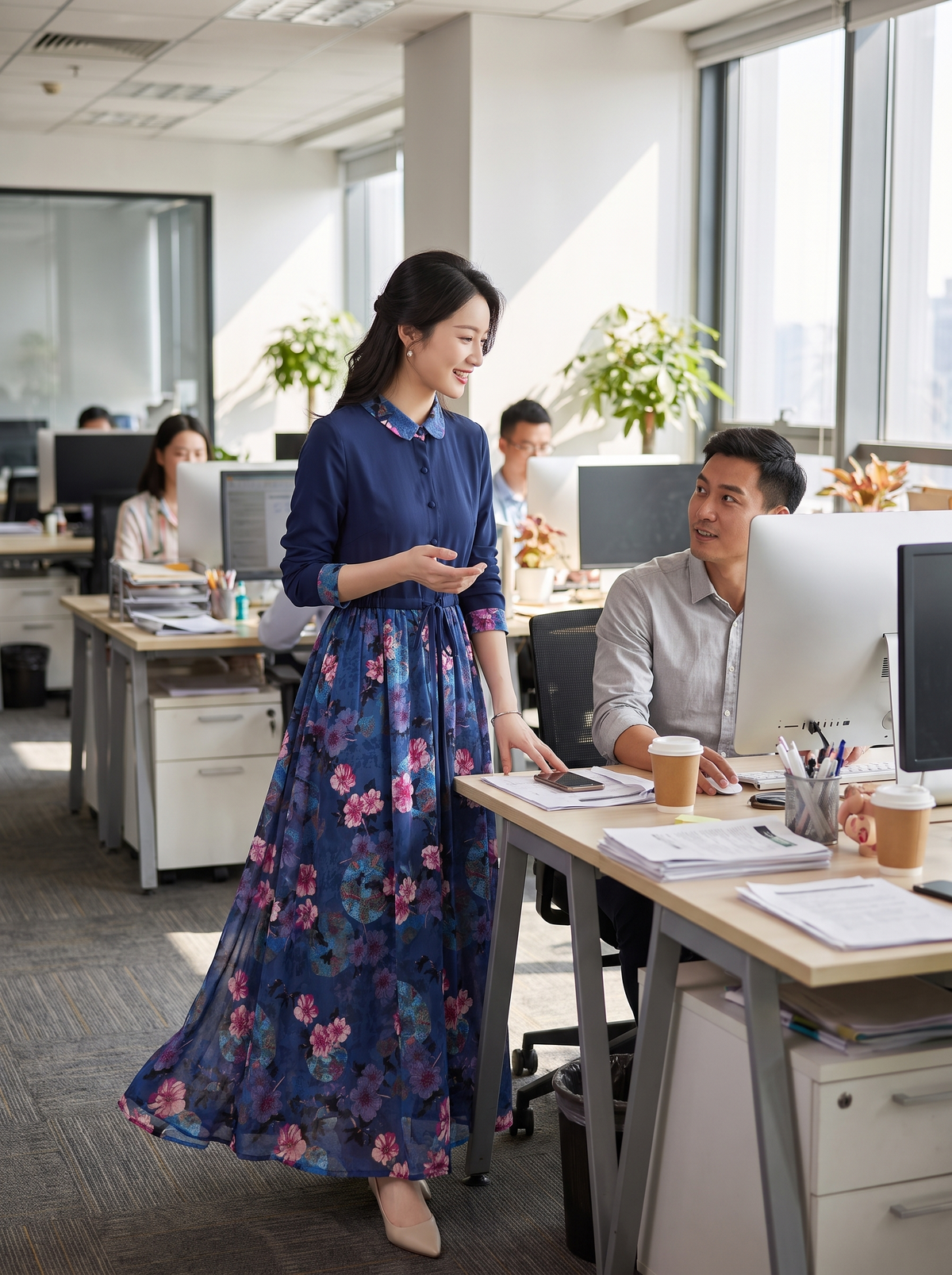 Printed Collared Shirt Maxi Dress in an office