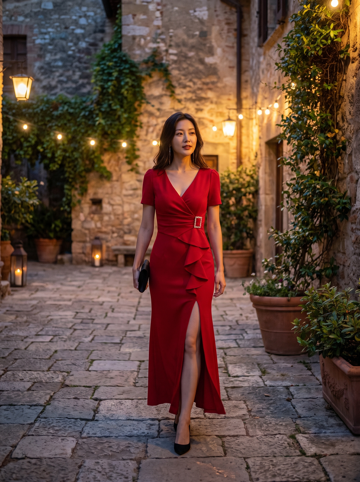 Asymmetric V Neck Ankle Dress in a courtyard at dusk
