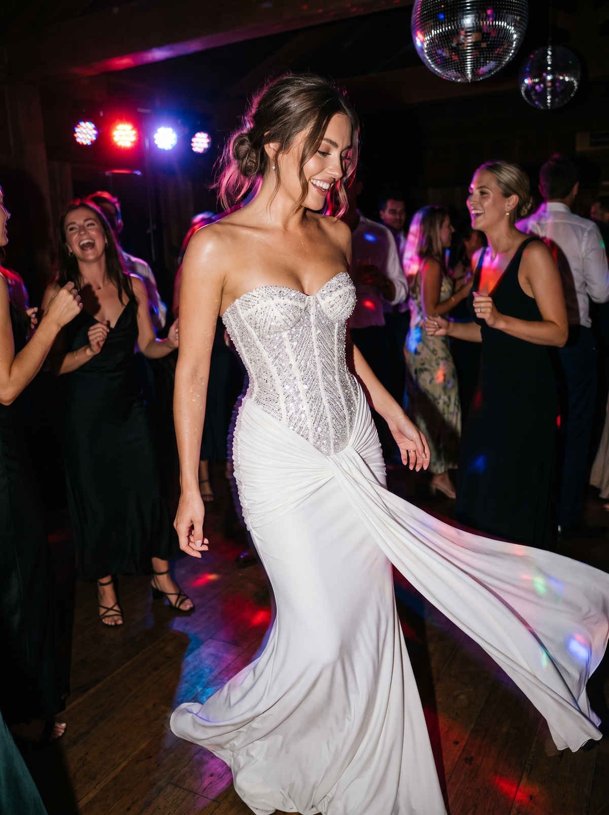 Backless Sequin Ribbon Maxi Dress on a dance floor