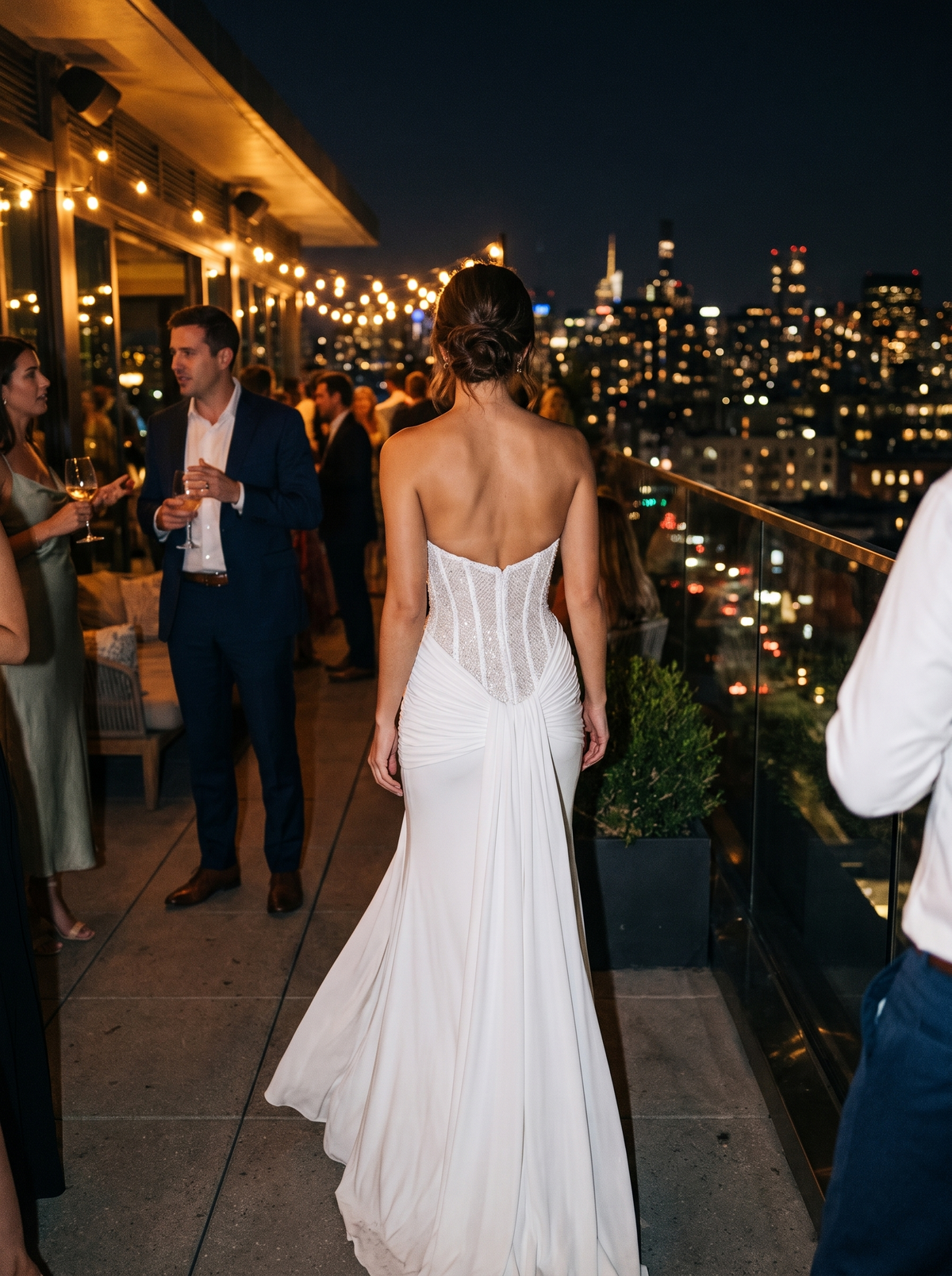 Backless Sequin Ribbon Maxi Dress on a hotel terrace