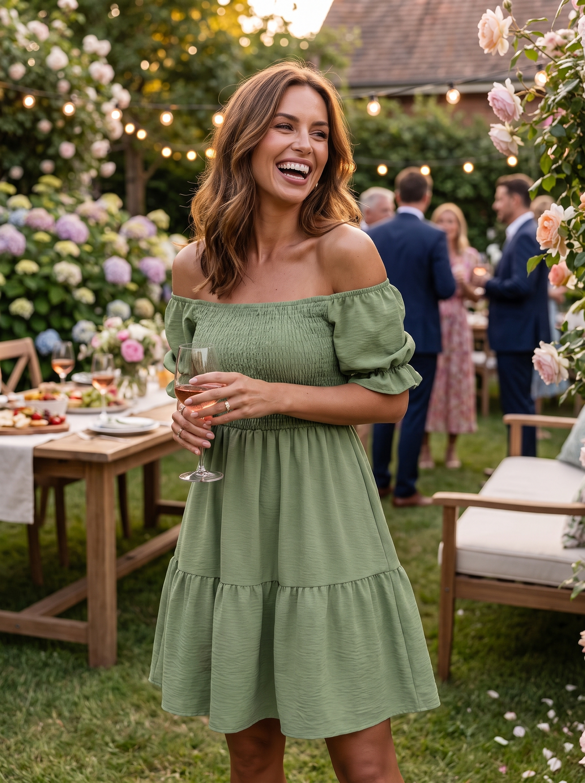 Puff Sleeve Off Shoulder Dress at a garden party